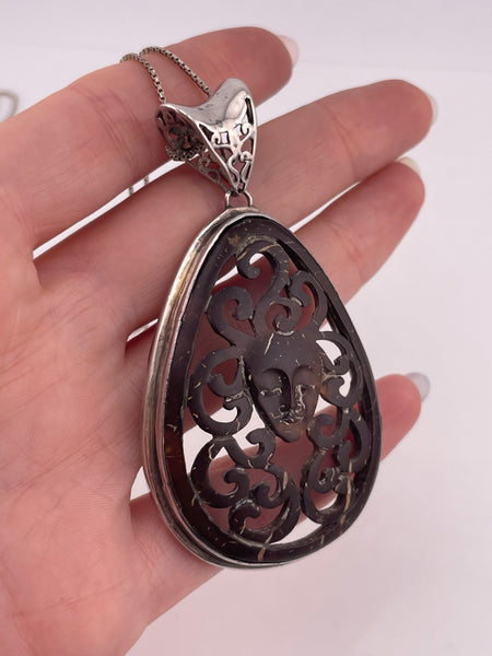 sterling silver 24" carved wood face necklace