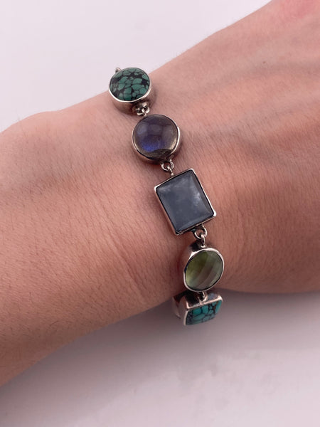 sterling silver 7-3/4" multi-stone link bracelet
