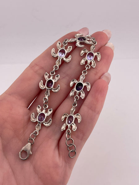 sterling silver 7 1/4" faceted purple glass sea turtle link bracelet
