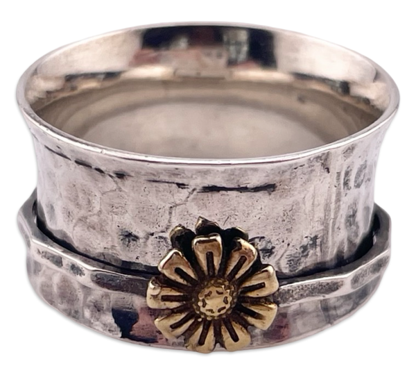 size 11 sterling silver flower spinner hammered design ring