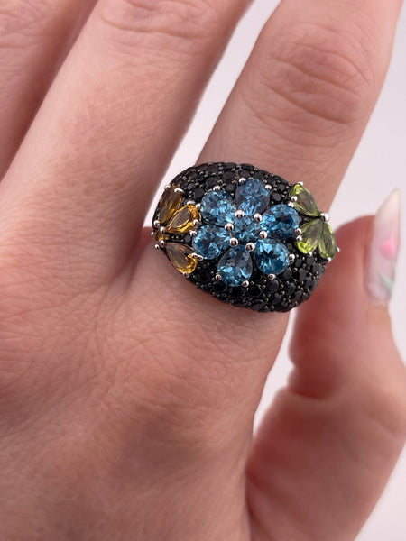 size 9.25 sterling silver multi-gemstone flower ring