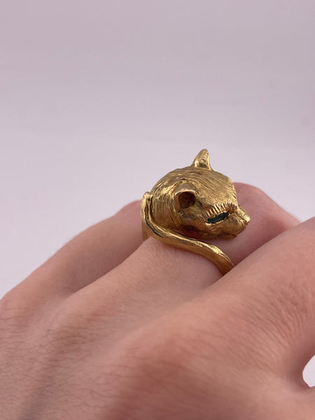 size 6.75 18k gold vintage P. Cordier emerald cat panther ring