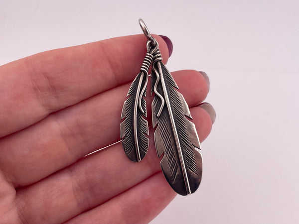 sterling silver Joe Delgarito double feather dangle pendant