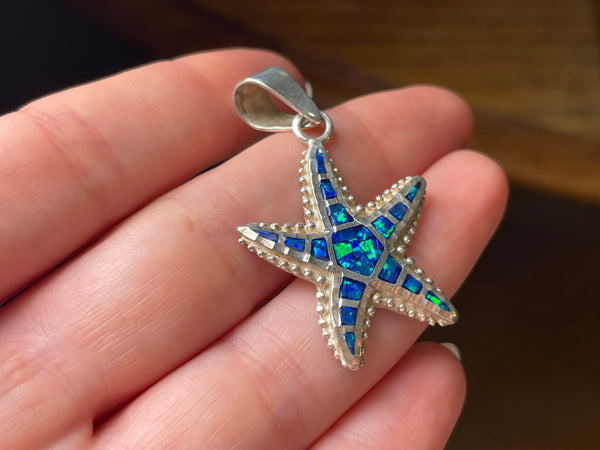 sterling silver mosaic lab opal starfish pendant