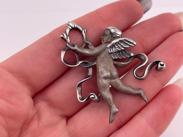 sterling silver cherub angel matte finish pendant brooch