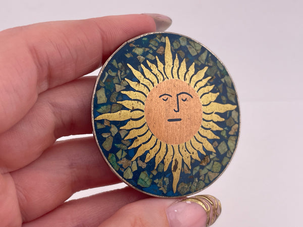 sterling silver man in the sun face brass copper crushed stone resin pendant brooch