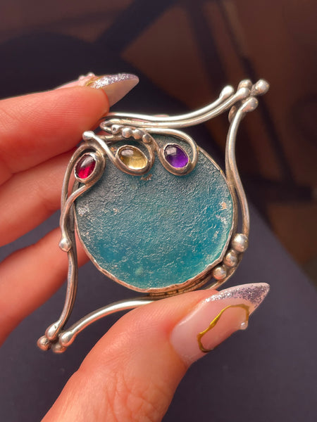 sterling silver Roman glass & multi-stone brooch / pendant