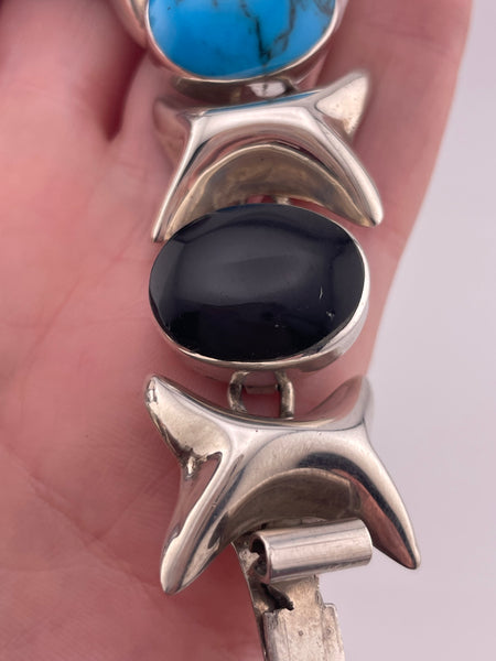 sterling silver 7 1/4" Mexican heavy mutli-stone link bracelet