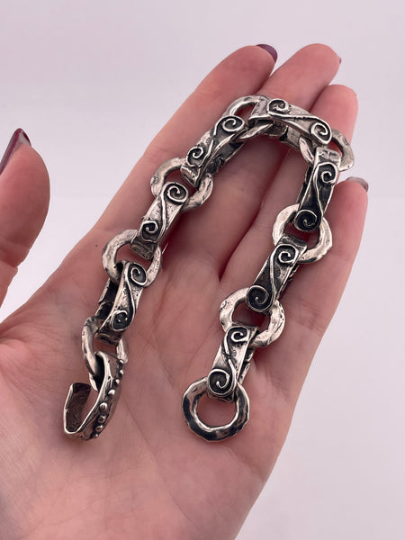 sterling silver chunky heavy 55 grams hammered circle swirl chain link bracelet