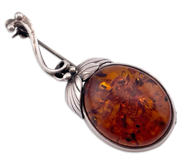 sterling silver amber leaf brooch pin