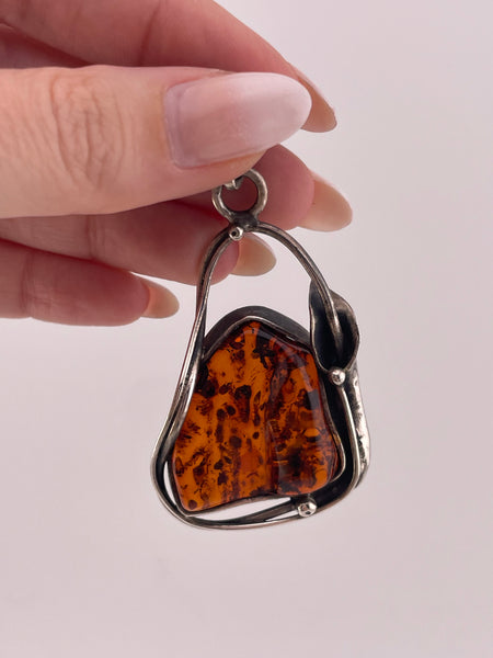 sterling silver amber flower pendant