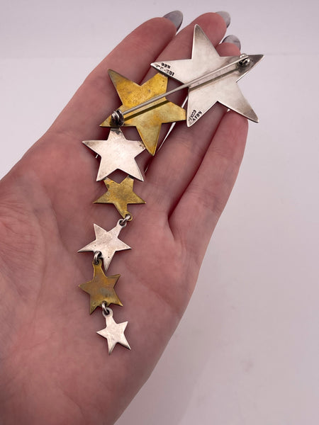 sterling silver & brass large Mexican stars dangle brooch pin