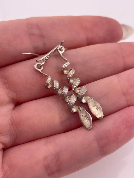 sterling silver coiled etched snake hook dangle earrings