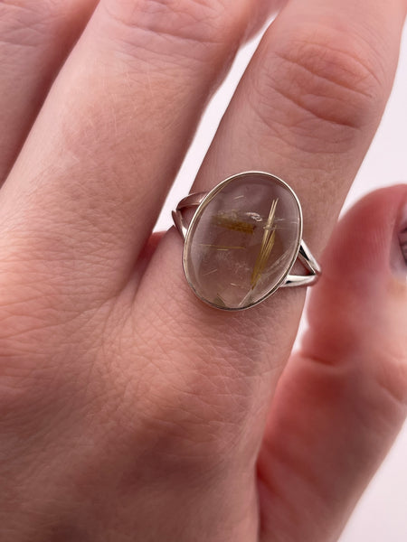 size 8.5 sterling silver oval golden rod rutilated quartz ring