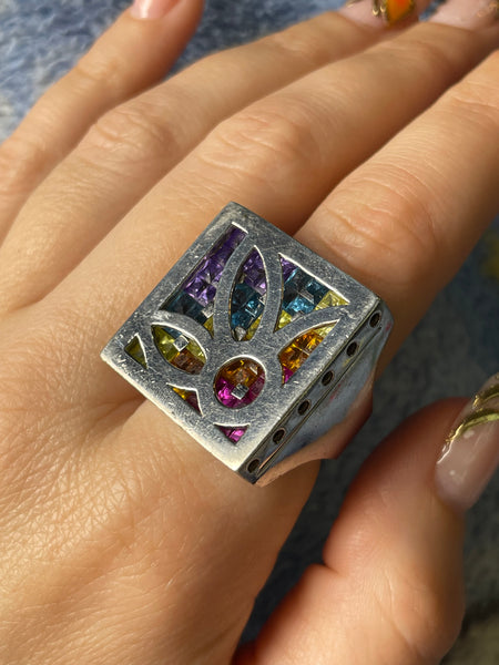 size 8.5 sterling silver chunky heavy colorful multi-gemstone ring