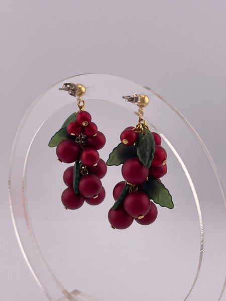 costume gold tone red grape fruit post dangle earrings