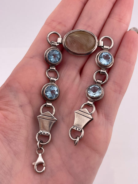 sterling silver 7" rutilated quartz & faceted blue topaz link bracelet