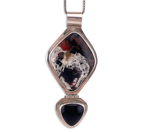 sterling silver large agate & onyx hinge pendant necklace