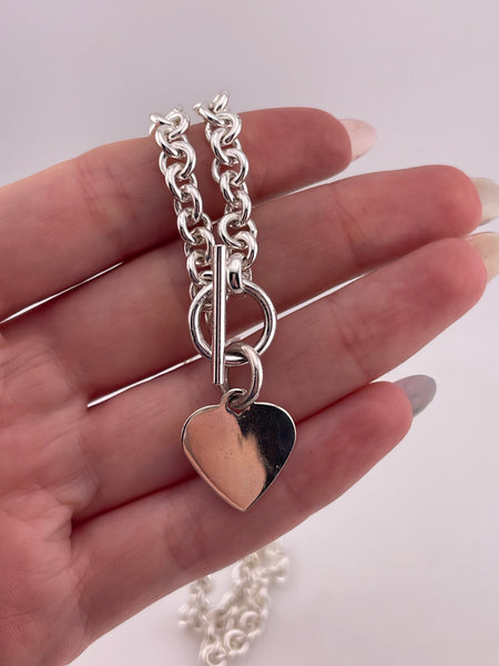 sterling silver 18-1/4" heart tag cable chain link t-bar toggle necklace