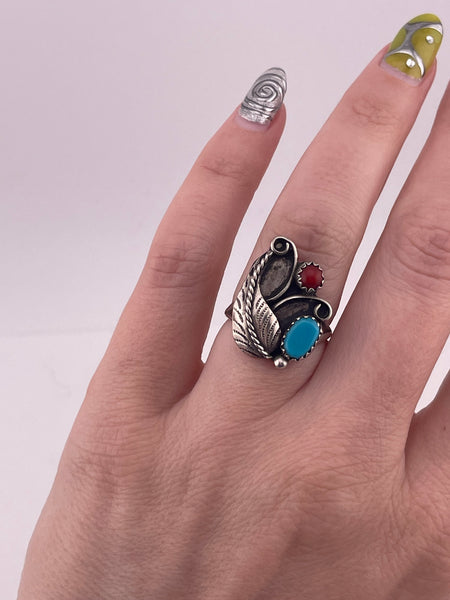 size 6.75 sterling silver turquoise & coral ring