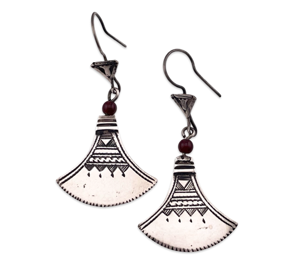 sterling silver etched fan garnet dangle earrings