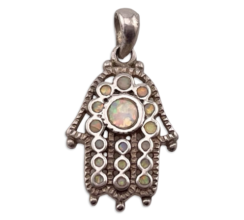 sterling silver lab opal hamsa hand pendant