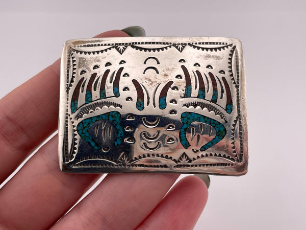 sterling silver crushed turquoise coral bear paw belt buckle