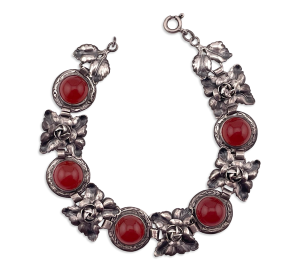 sterling silver 7-1/8" rhodium plated carnelian pressed flower bracelet
