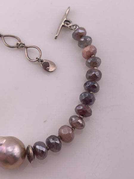 sterling silver 7" to 8-1/8" faceted plastic bead pearl toggle bracelet