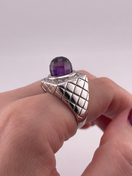 size 9 sterling silver rhodium plated faceted purple glass rhinestone ring