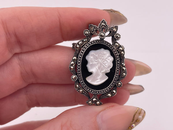 sterling silver marcasite onyx plastic cameo pendant brooch