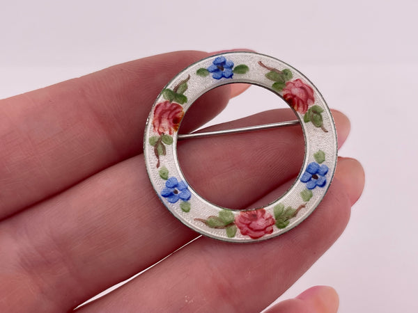 sterling silver painted flower enamel round brooch pin