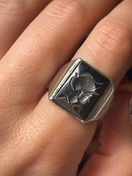 size 8 sterling silver hematite knight intaglio rectangle ring