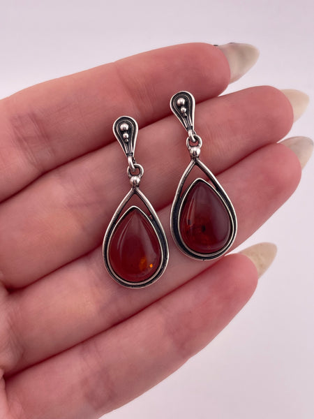 sterling silver pear shape amber post dangle earrings