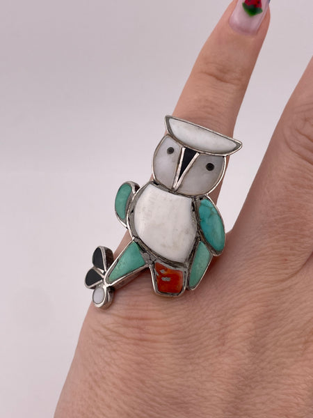 size 5.25 sterling silver large owl inlay ring