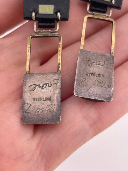 sterling silver & brass mixed media artisan abstract post dangle earrings