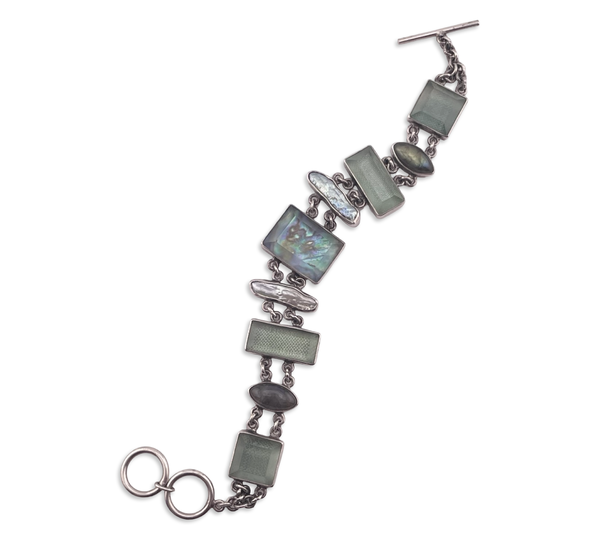 sterling silver 7-1/4" to 7-7/8" Janice Lee Ripley faceted plastic labradorite pearl link bracelet