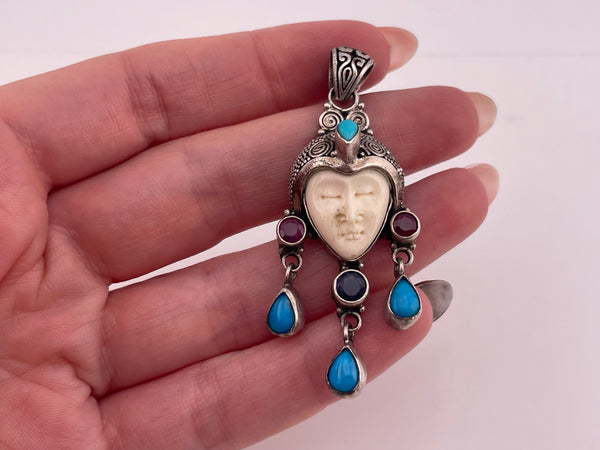 sterling silver plastic face synthetic turquoise faceted garnet iolite pendant