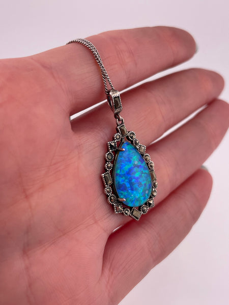 sterling silver marcasite & lab opal pendant necklace