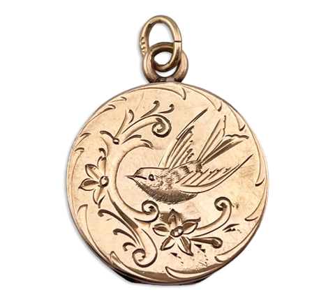14k yellow gold etched & monogrammed bird locket pendant *dents*