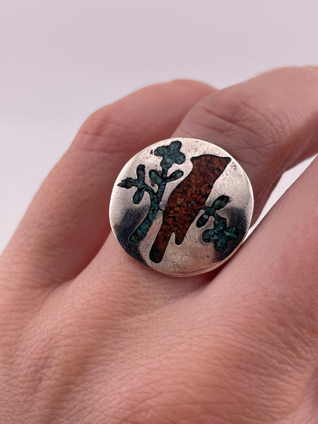 size 6.5 sterling silver crushed turquoise coral cardinal bird ring