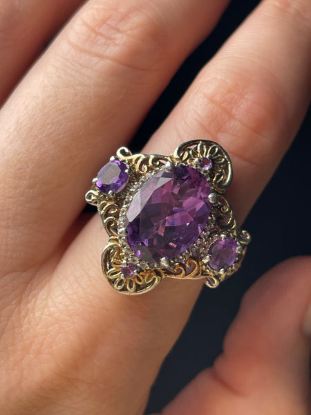 size 7.5 sterling silver gold wash faceted purple glass ring