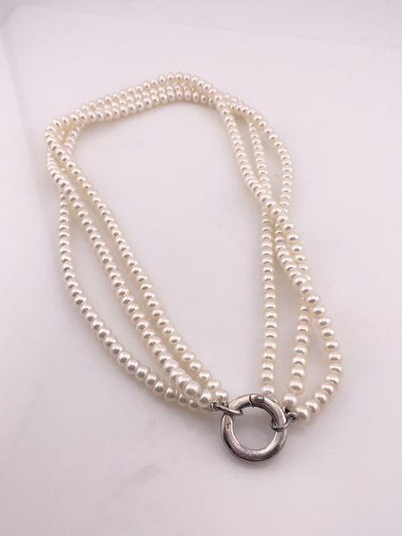 sterling silver component 17" three strand synthetic pearl necklace w/ oversized charm clasp