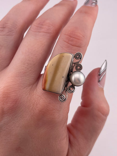 size 8 sterling silver jasper synthetic pearl ring