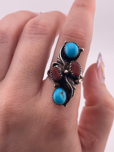 size 8 sterling silver turquoise coral ring