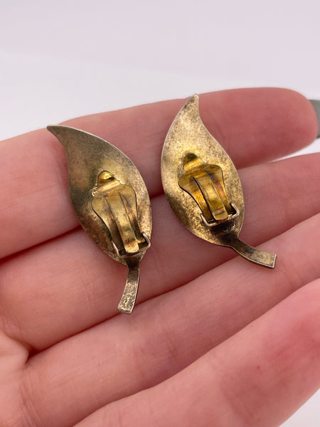 sterling silver gold plated David Andersen white enamel leaf clip on earrings