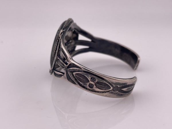 sterling or coin silver Fred Harvey era petrified wood cuff bracelet