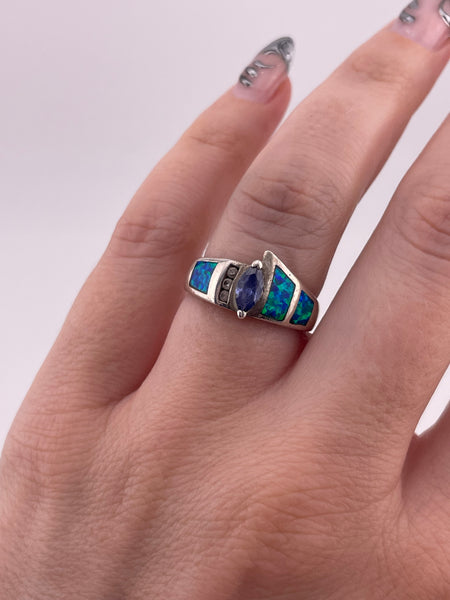 size 7.25 sterling silver faceted iolite opal simulant ring
