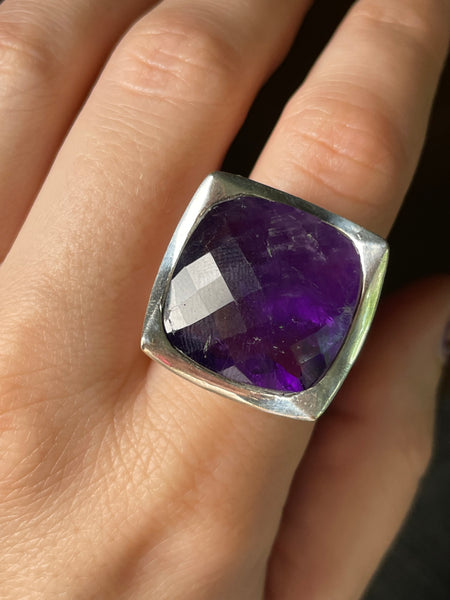 size 7.5 sterling silver chunky heavy faceted amethyst ring