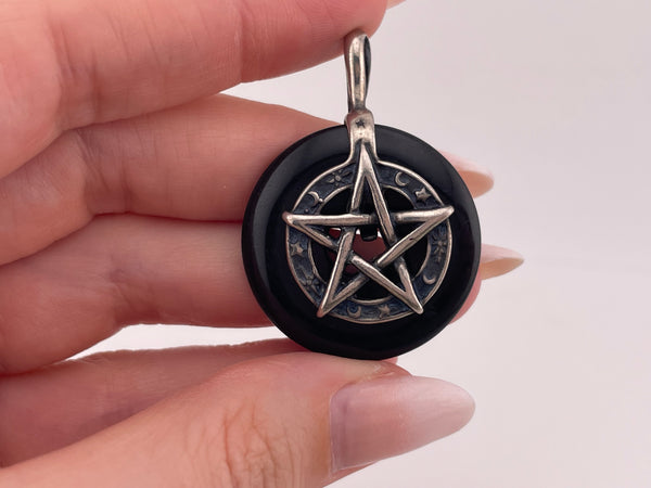 sterling silver dark green stone pentagram pendant